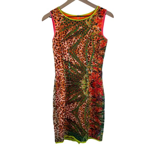 Elie Tahari Abstract Neon Trim Sheath Dress Womens‎ Size 2 Bold Y2K Retro - Picture 1 of 10